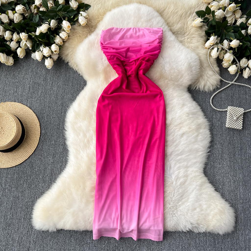 Gradient Sexy šaty bez ramínek bez záda skládací dámské bez rukávů bez zad Elegantní Slim Fit bodycon letní šaty Elegantní večerní oblečení