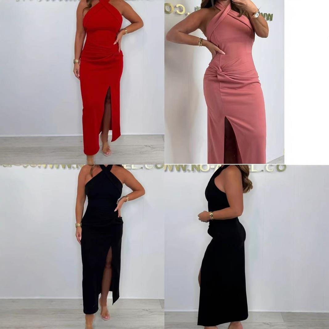 2026 European and American women s clothing design sense neck split solid color dress sexy temperament popular dress S чёрный
