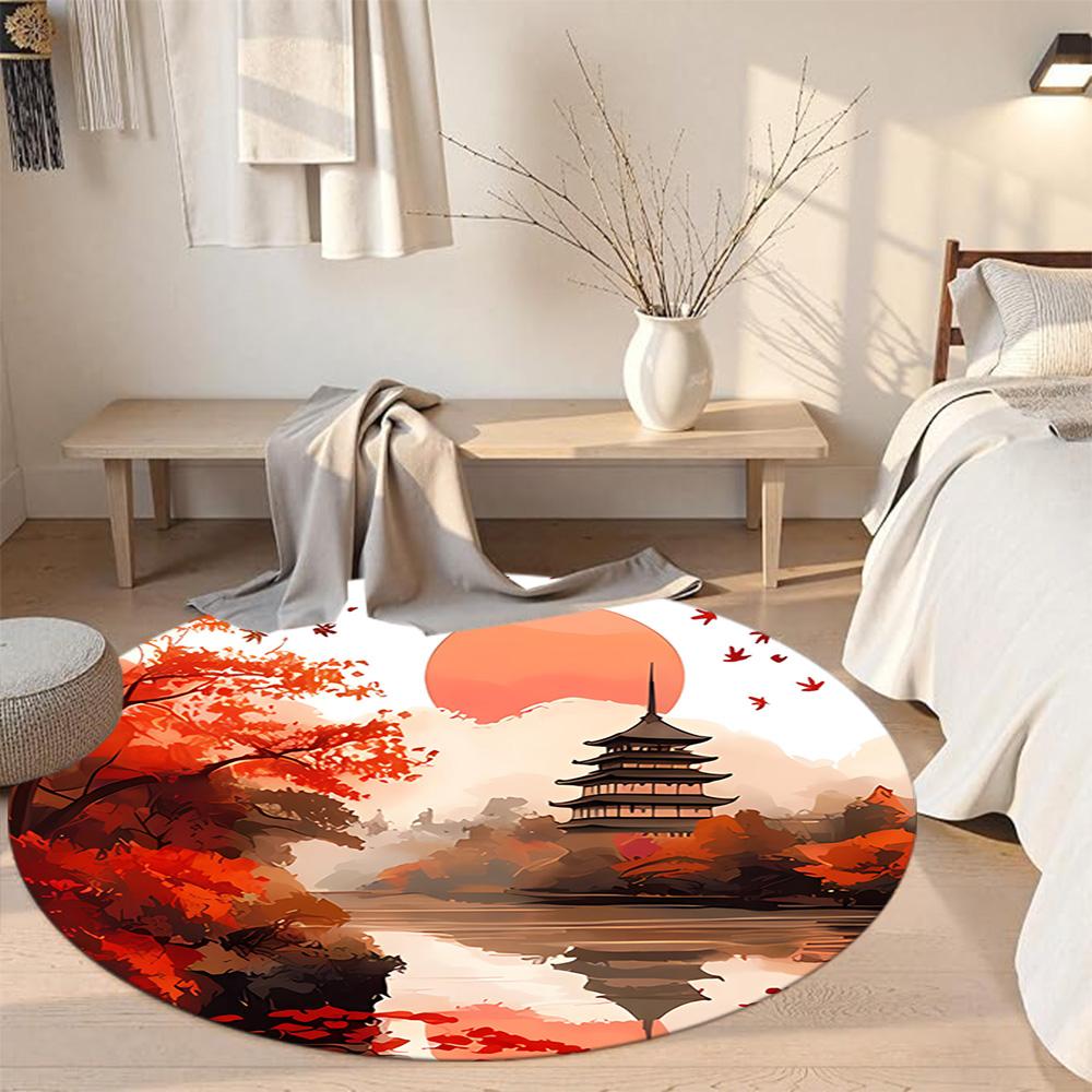 Chinese-style Architecture Round Carpet Perfect for Dormitory Foyer Balcony Living Rooms Anti-slip Round Rug Decorate Offices Best for Christmas