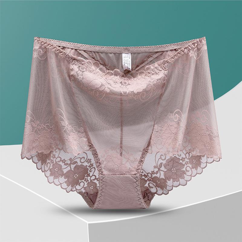 Plus Size Lady Summer Sexy Lace Hollow Out Perspective High Waist Triangle Briefs