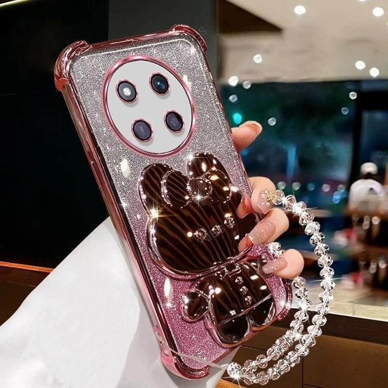 For Honor Magic 7 6 5 4 Lite 3 Pro Plating Four Corners Anti-fall Silicone Soft Case Mirror Rabbit Stand Clear Bead Chain Cover