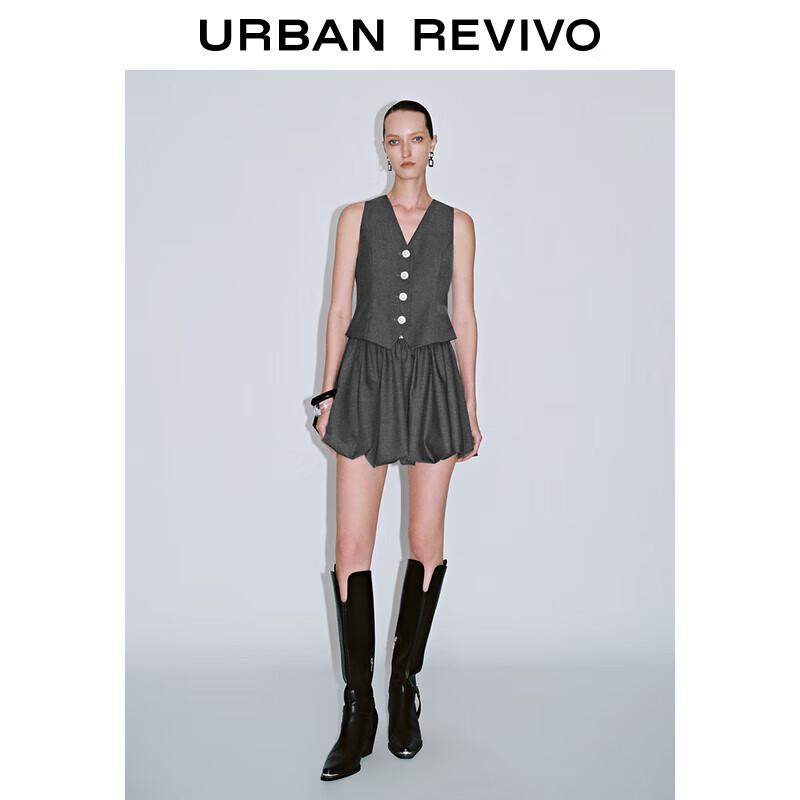 UR 2025 Summer Dark Grey Metal Buckle V-Neck Sleeveless Mini Dress S