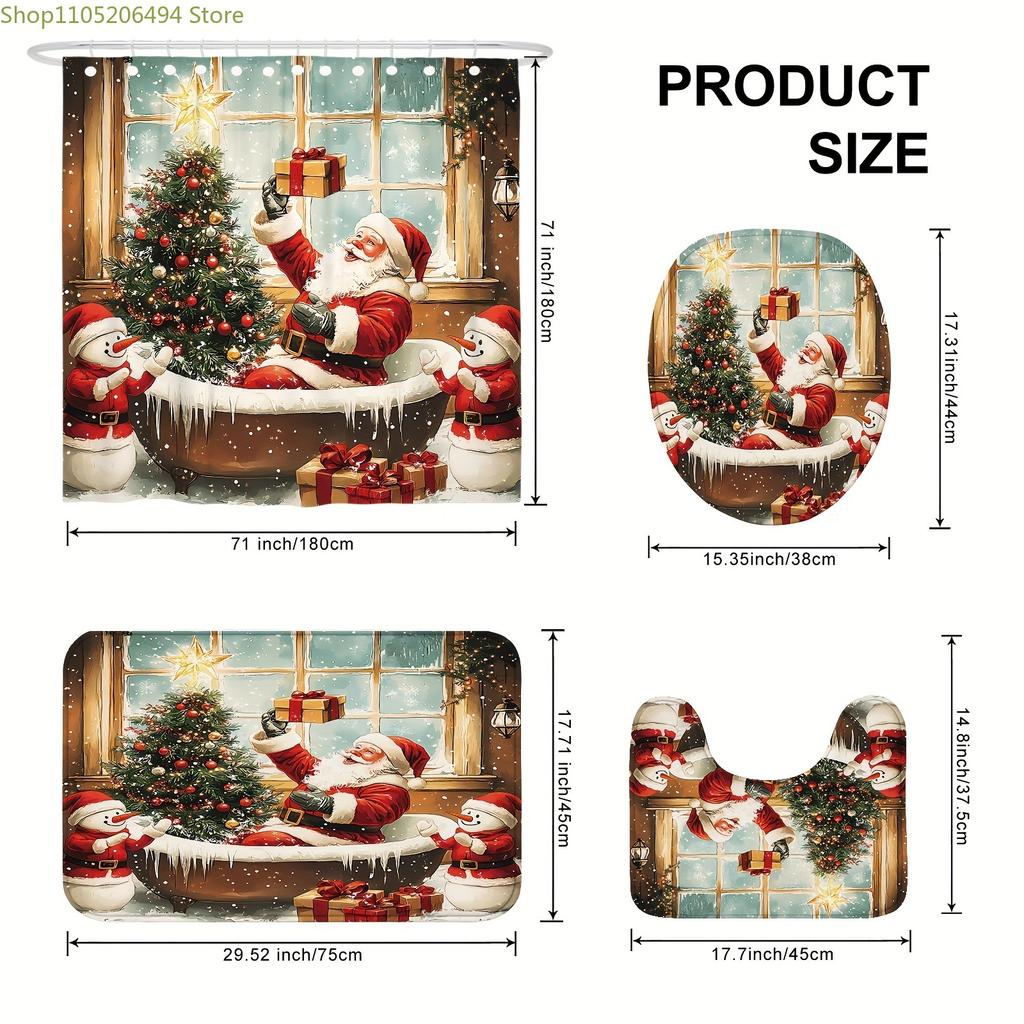 1/4pcs Christmas Winter Santa Tree Snowman Cute Funny Red Green Shower Curtain Set with Shower Curtain and Rugs Polyester Deco