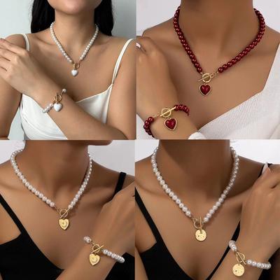 Fashion Trend Pearl Bracelet Necklace Set Female Niche Premium Sense Light Luxury Love Clavicle Chain