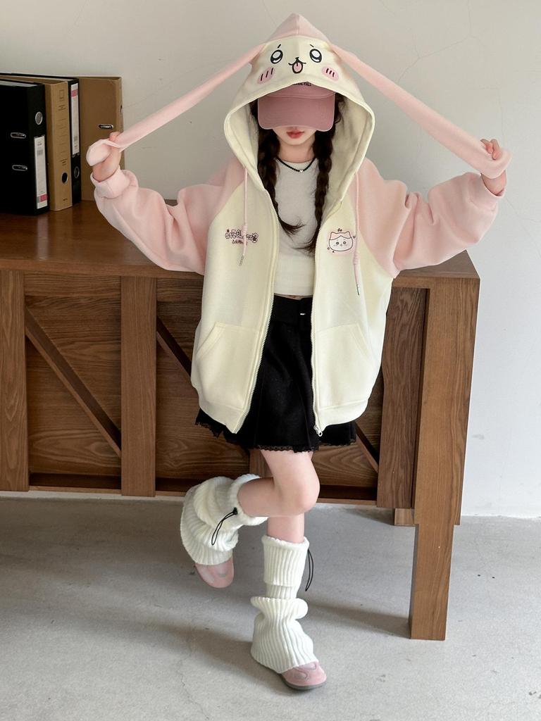 2025 Girls' Fashion Rabbit Ear Hooded Cardigan - Autumn Sweatshirt for Kids