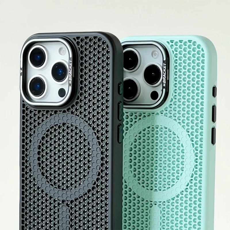 Honeycomb Grid Mesh Cooling for Magsafe Case for 16 17 Pro Max 15 14 13 12 11 Alloy Lens Bracket Wireless Charging Cover
