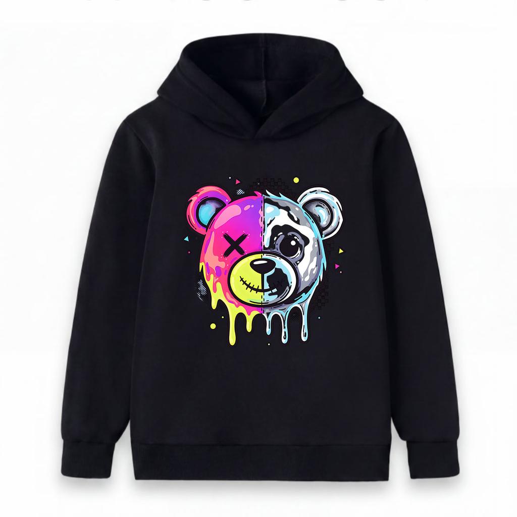 Kids Boys Girls Pullover Hoodie, Neon Dripping Split Bear Print Casual Long Sleeve Hooded Sweatshirt, Fashion Streetwear Top For Children