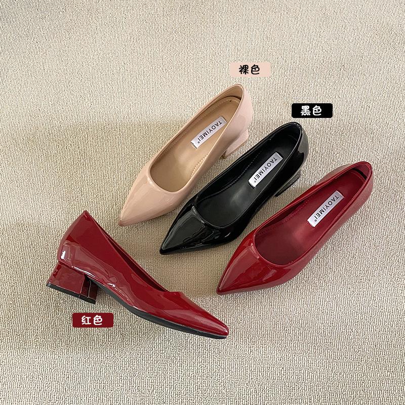 Leather Inner Height Increase French Pointed Head Shallow Mouth Single Shoes Women's Spring and Autumn Versatile Not Tired Feet Thick Heel Low Heel 