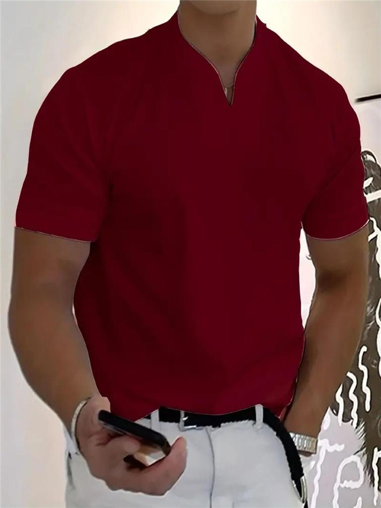 2025 Men's V-Neck Muscle Fit Sports T-Shirt - Elastic Short Sleeve Solid Color