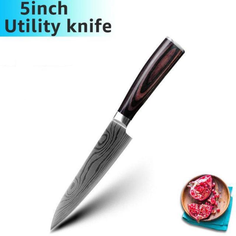 Kitchen Knife 5-inch Colored Wood Handle Damascus Pattern Chef's Knife High Appearance Level Paring Knife Household Knife