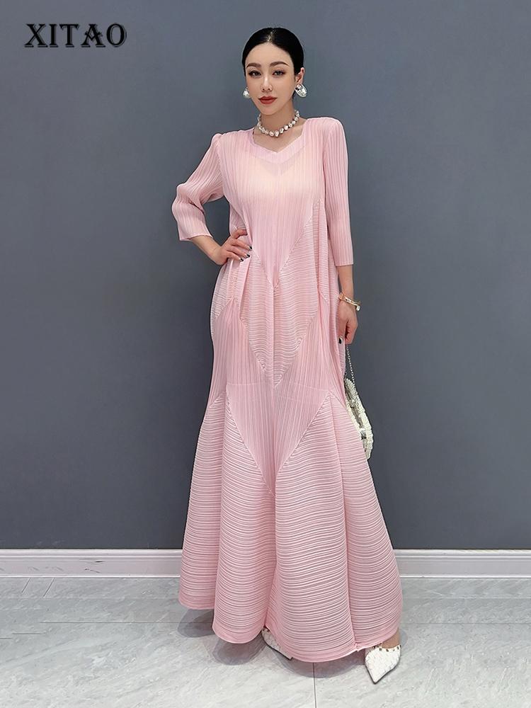 

XITAO Irregular Folds Dress Solid Color Temperament Three Quarter Sleeve Women WLD20190