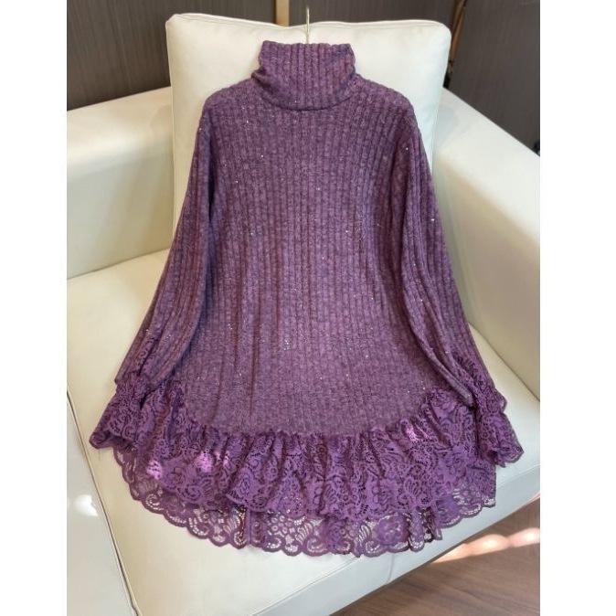 

Модный осенне-зимний стиль, кружевные вставки, нижняя рубашка, тонкий однотонный свободный крой, повседневный свободный топ с длинными рукавами XXL фиолетовый