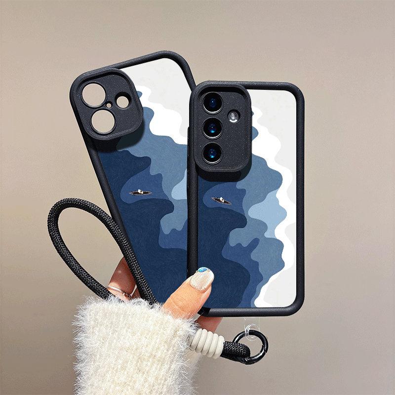 Bedruckte Modehülle mit Ozeanmuster + Schwarzes Schlüsselband Flexible Weiche Silikon TPU Schale Vollständige Rückseite für IPhone Samsung Xiaomi Redmi