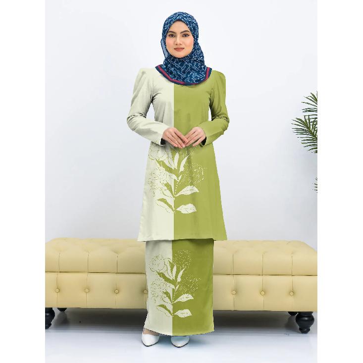 Fashion traditional clothing purple imitation lace print rendering floral Kurang Pahang ladies Muslim suit comfortable and elegant ladies two piece