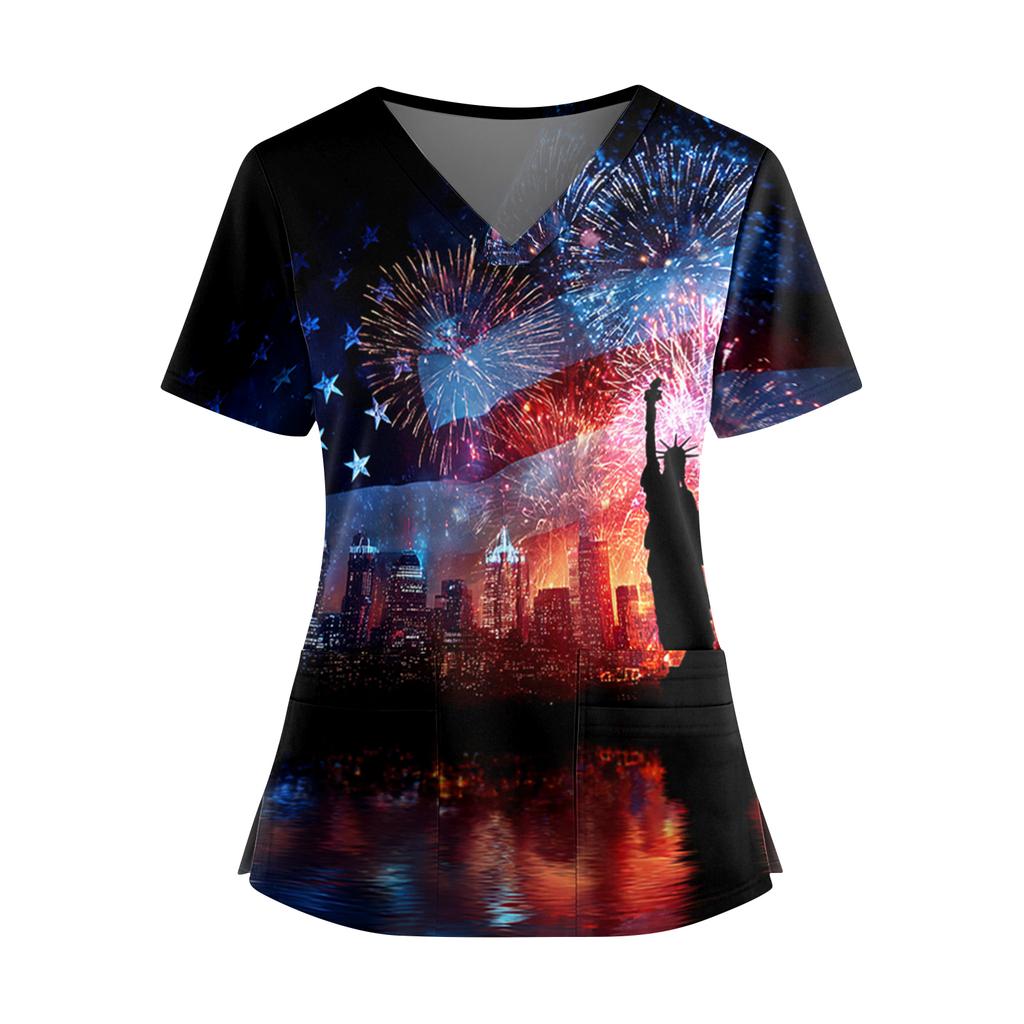 Women's Independence Day Print V-Neck Double Pocket Short Sleeve Uniform with Slit Hem - Caregiver Top