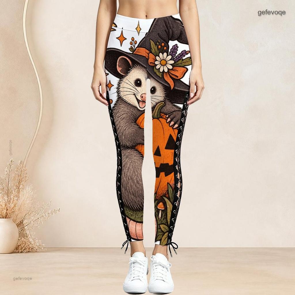 Women Plus Size High Waist Halloween Sloth Printed Side Eyelet Lace Up Full Length Fitted Leggings