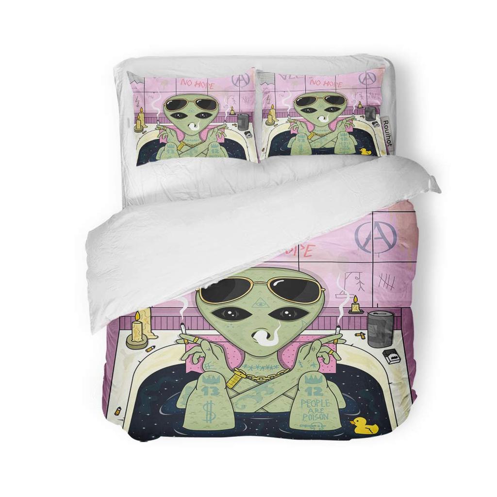 Trippy Alien Duvet Cover Set Queen Alien Skull Bedding Set Psychedelic Space Watercolor Colorful Queen Size Bedspread Alien Gift