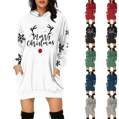 Damen Weihnachten Print Langarm Kapuzenpullover Kleid mit Tasche