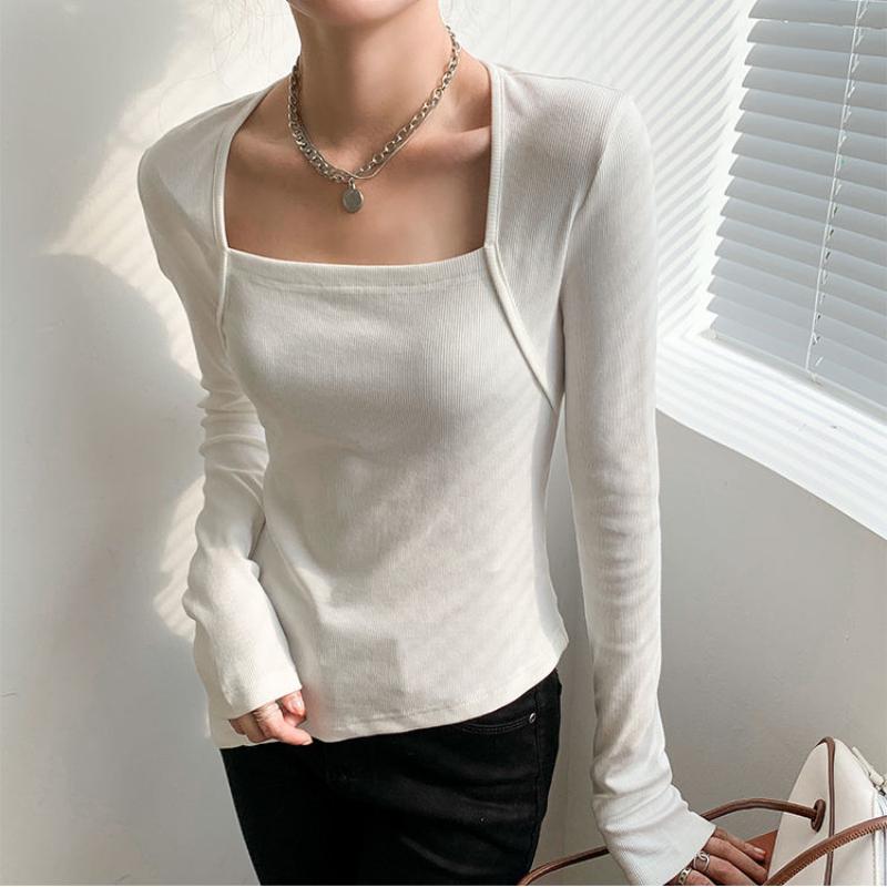 Dámská podzimní spodní košile Všestranné jednobarevné tričko se čtvercovým výstřihem