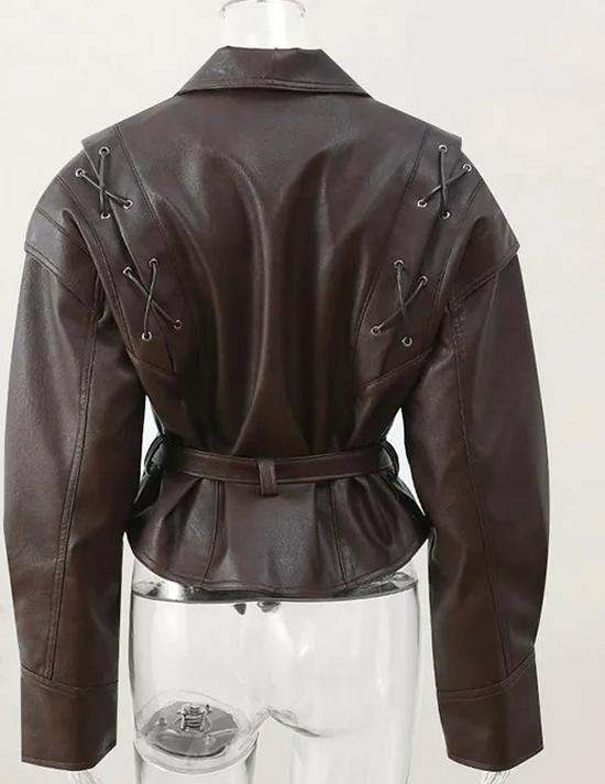 2024 Autumn/Winter European & American Fashion Lapel Tie Long Sleeve Leather Jacket