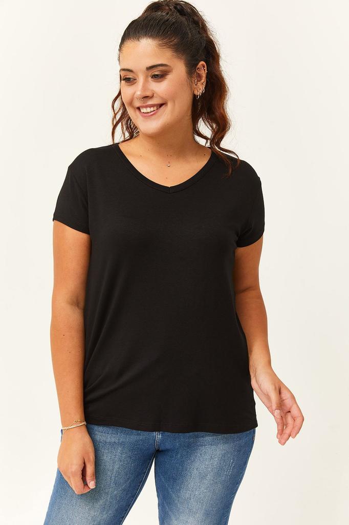 Damski styl Duży rozmiar T-shirt Plus rozmiar Dekolt w serek Podstawowa krótka koszulka z krótkim rękawem Czarny T-shirt