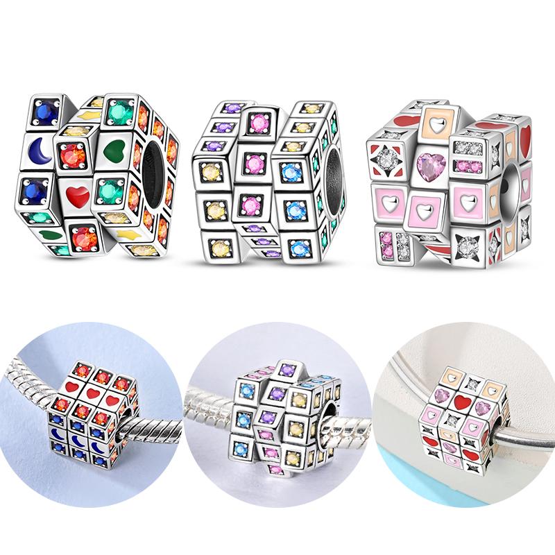 Original Charms Copper Rotatable Rubik'S Cube Series Charms Beads Fit 3Mm Original Bracelet Women Diy Jewelry Gifts