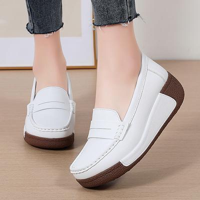 Women Casual Walking Shoes Genuine Leather Platform Shoes 5cm Wedge Heels Middle-aged Mother Shoes