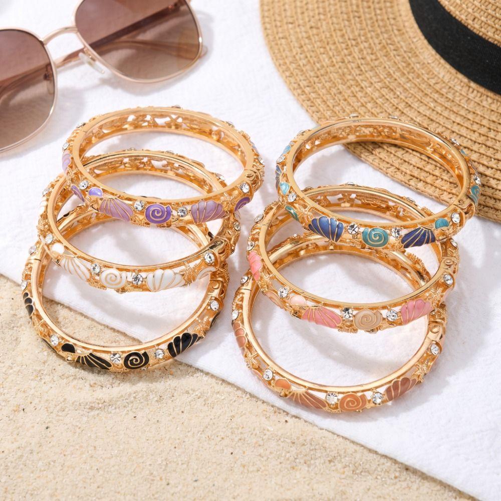 Metal Vintage Cloisonne Bangle Shell Women's Hand Bracelet Starfish Shell Bangle Gold Jewelry