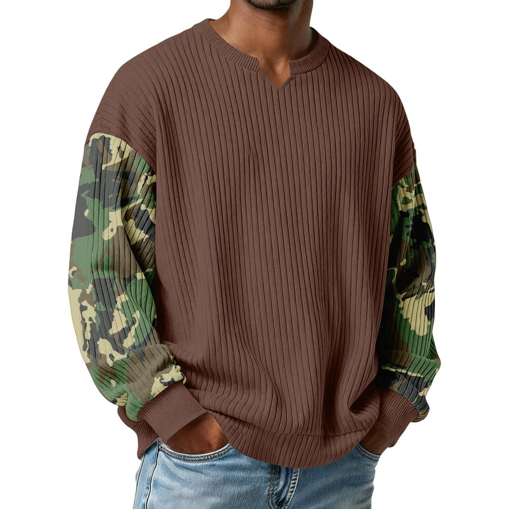Men's Camouflage Stylish V-Neck Ribbed Textured Long-Sleeve T-Shirt