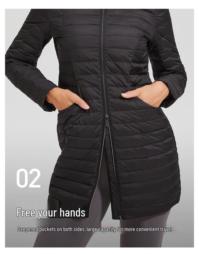 Lulu Women's Mid-Length Sporty Down Jacket: Windproof, Warm, Hooded, Zip Waist, Slimming Lightweight Coat for Autumn and Winter