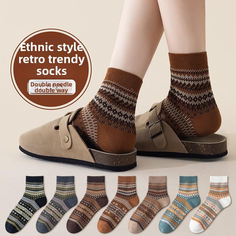 Retro Ethnic Style Women's Mid-calf Odor-resistant and Sweat-absorbent Fall Double-needle Trendy Socks, Spring-autumn Long Women's Socks