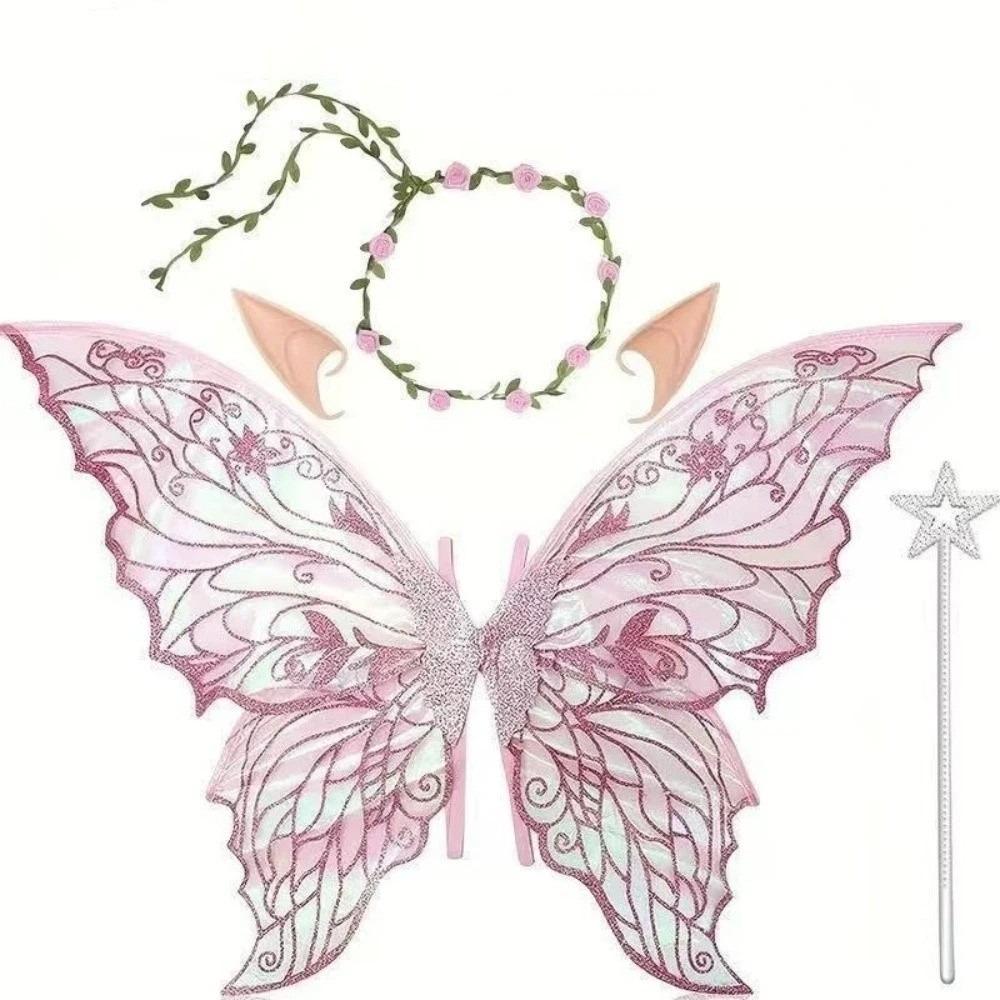 Sparkling Wings Wreath Elf Ear Set Foldable Fairy Cosplay Set Butterfly Wings Set  Themed Party