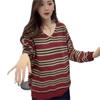 Women's V-neck Striped Knitted Shirt with Contrast Splicing and Fashionable Western Style Bottom Coat