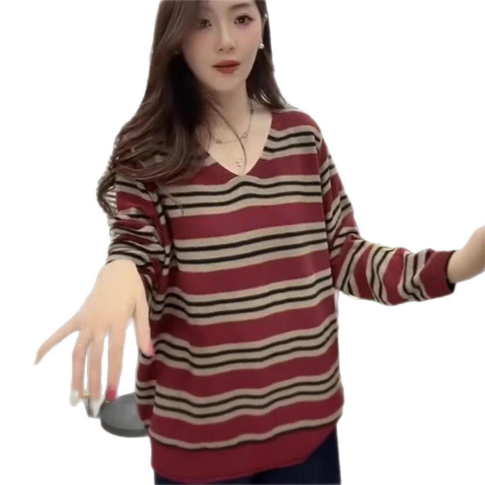 Women's V-neck Striped Knitted Shirt with Contrast Splicing and Fashionable Western Style Bottom Coat