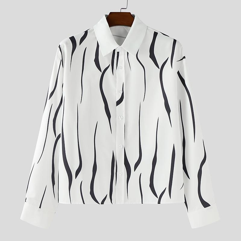 INCERUN Oversized Men Lapel Neck Long Sleeve Striped Casual Loose Shirts