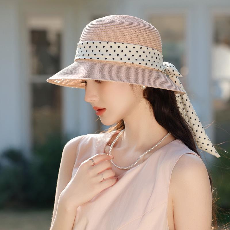 

Летняя новая шляпа женская шляпа из рафии с лентами солнцезащитная шляпа дышащая бант показывает маленькое лицо Average Size