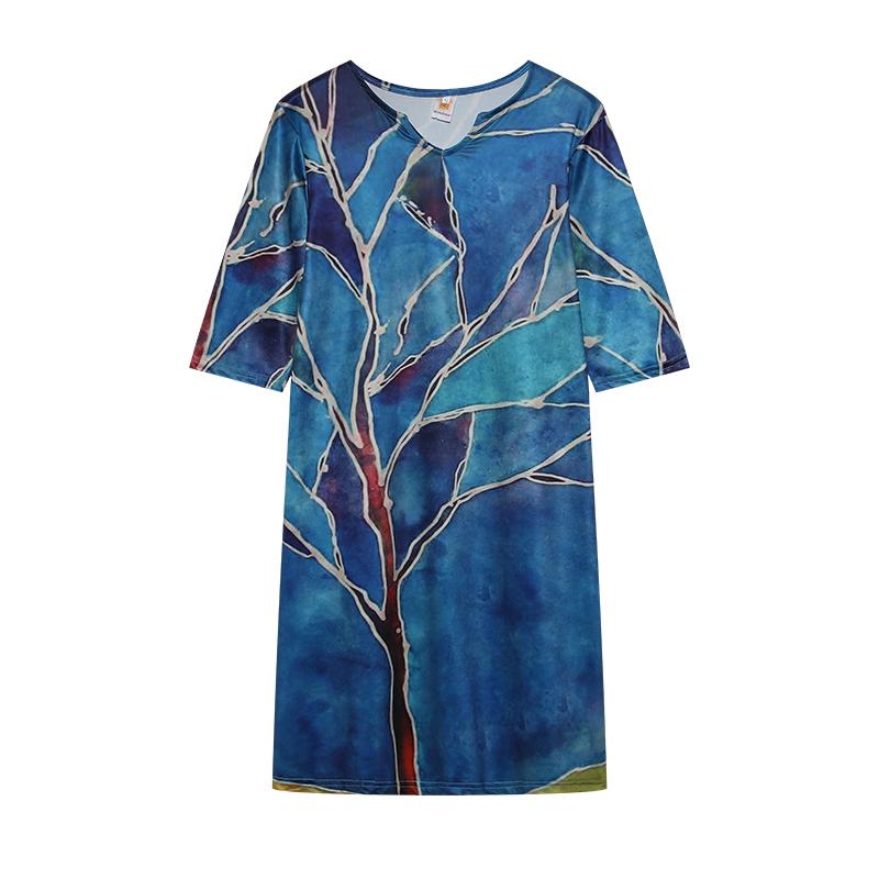 European Summer Leaf Print Rendered Fashion V-collar Mid-sleeve A-line Skirt Skirt