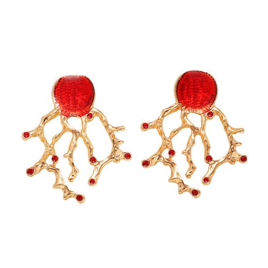Faux Red Coral Drop Earrings And Necklace Textured Alloy Jewelry with Red Enamel Zircon Accents Unique Ocean-Inspired Design Gift for Women