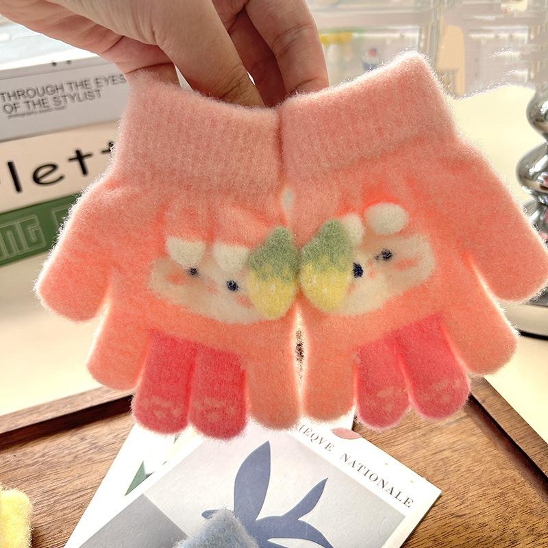 Cartoon gloves grass plum rabbit children's gloves baby full finger thickened warm year old full finger children new gloves cartoon