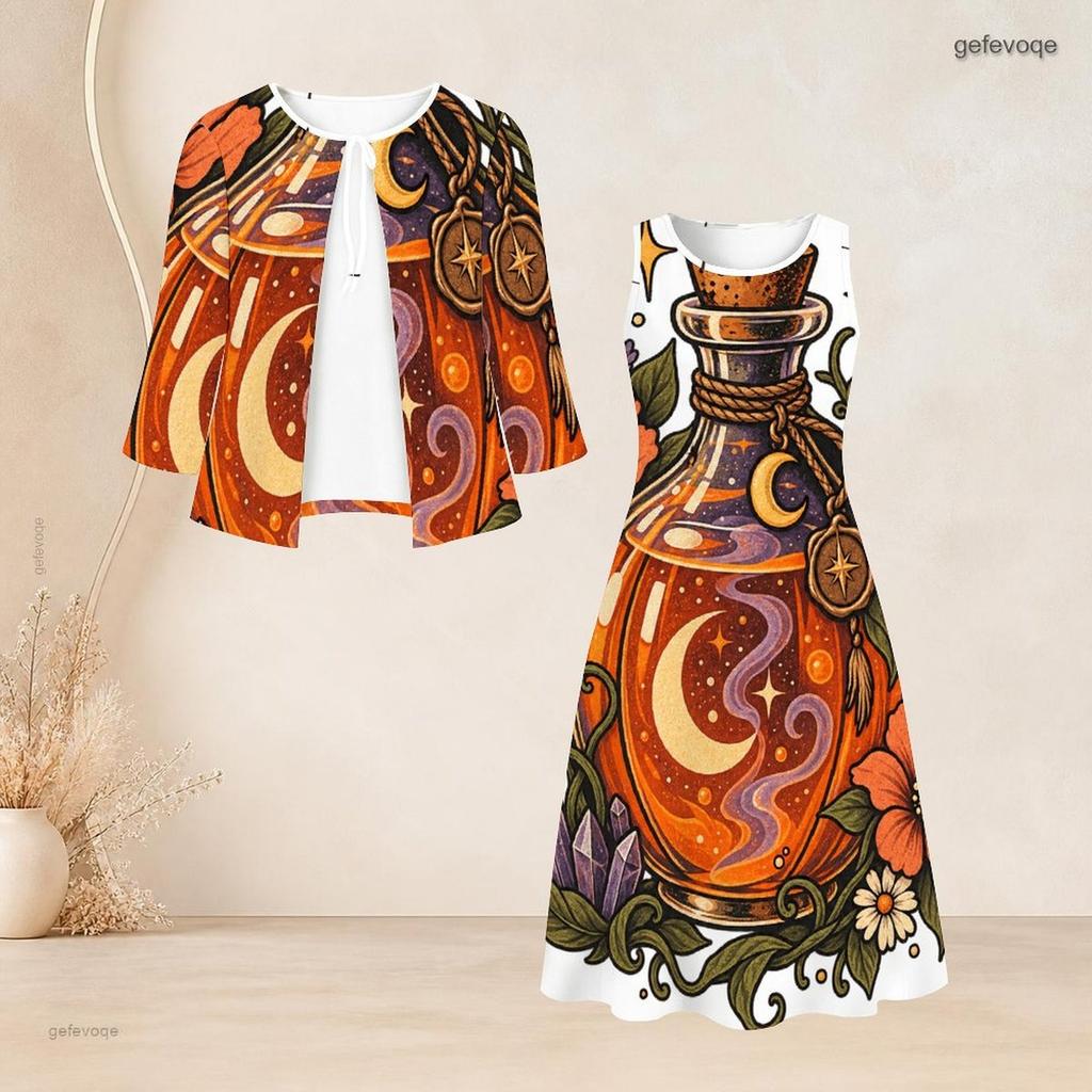 Women Plus Size Two Piece Dress Set Tie Neck Three Quarter Sleeve Cardigan Sleeveless Long Dress Halloween Ghost Pumpkin Printed White