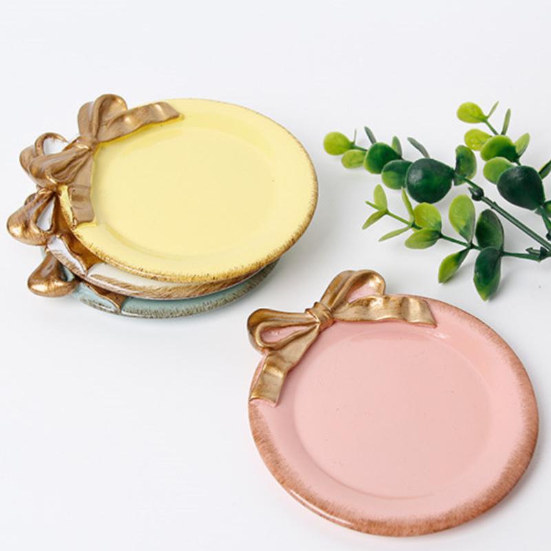 Jewelry Storage Tray Vintage Bow Decorated Resin Plate Snack Dessert Tray Cute Home Bedroom Decor