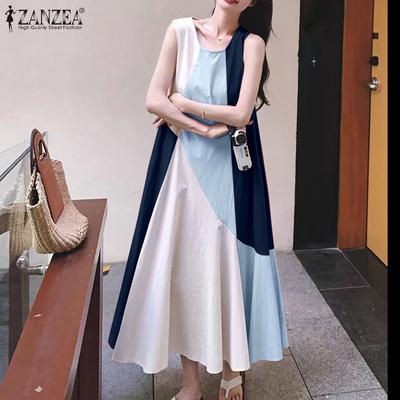 Women Casual Round Neck Sleeveless Colorblock Loose A-Line Dress