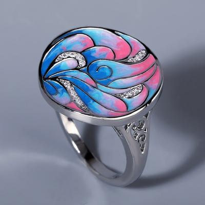 Unico anello da donna placcato in argento 925 Anello con fiore dipinto Unico smalto fatto a mano per festa di fidanzamento Anello da donna Gioielli 925 Anelli originali