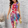 Women Plus Size Sleeveless Round Neck Midi Bodycon Dress Colorful Watercolor Floral Print Slim Fitted Dress
