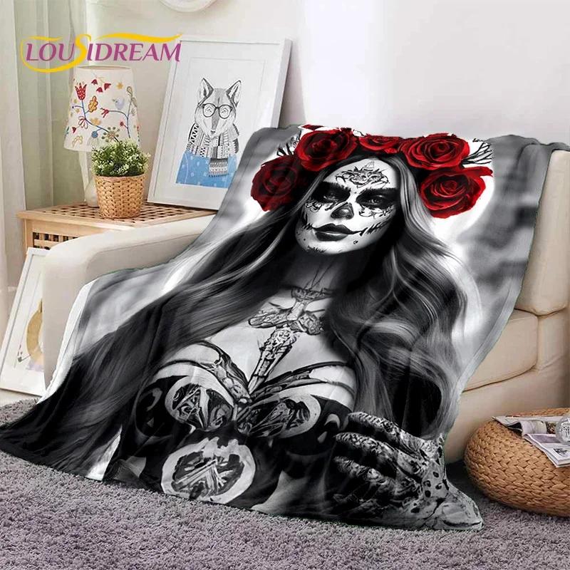 Skull Dead Girl 3D Gothic Horror Female Rose Soft Flannel Blanket for Beds Bedroom Sofa Picnic,Throw Blanket for Cover Leisure
