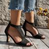 Fashion Shoes New 2025 Women High Quality Summer Woman Sandals Solid Color Rome Flock Mid Heel Zipper Open Toe Beach Sandals Female