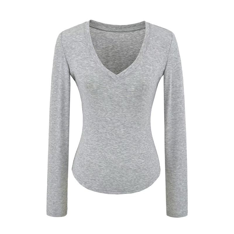 Korean V-Neck Long-Sleeve Slim Fit Sheer T-Shirt for Women - Autumn Essential