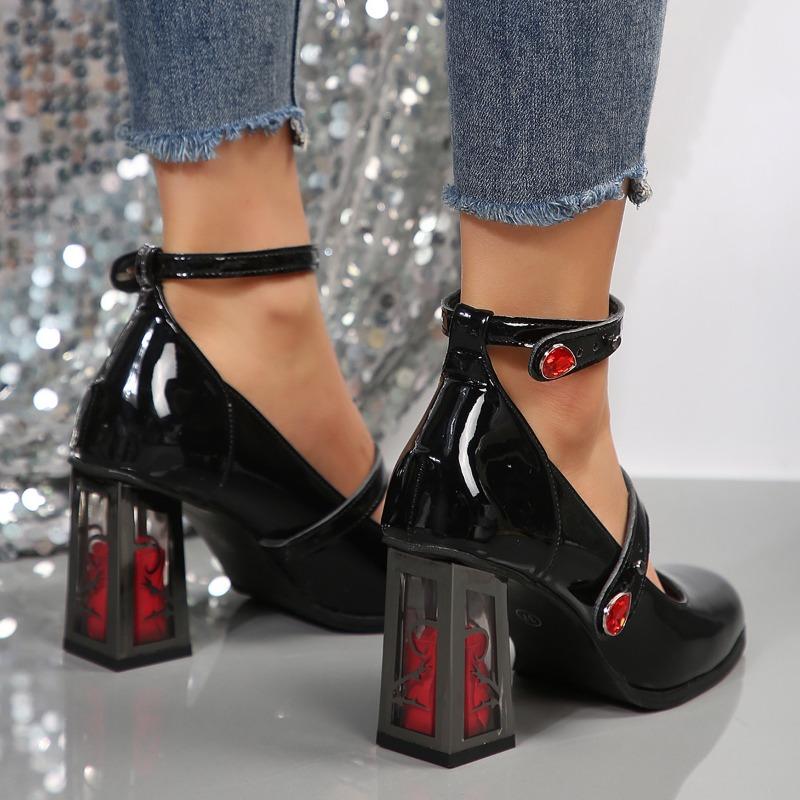 Round Toe Shallow Mouth Gem One-button Block Heel Single Shoes Autumn New Non-slip Wear-resistant High Heels