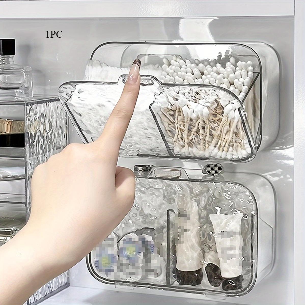 

No-Drill Wall Organizer, Pull-Out Clear Trays for Bathroom & Kitchen. Save Space, Store Cosmetics, Lipsticks Easy!