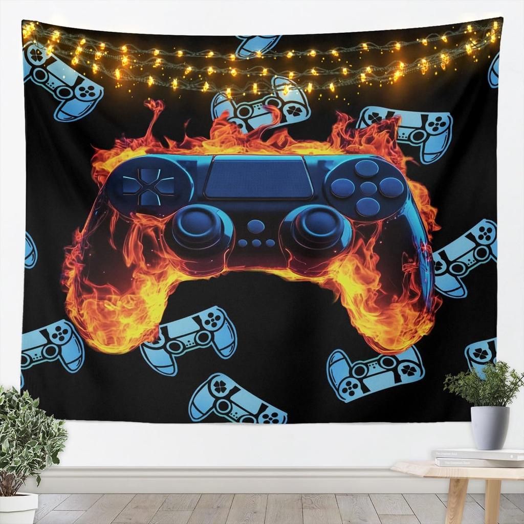 Flame Gaming Controller Tapestry, Black Background with Colorful Controller Pattern for Boys' Bedroom and Gamer Room Decor